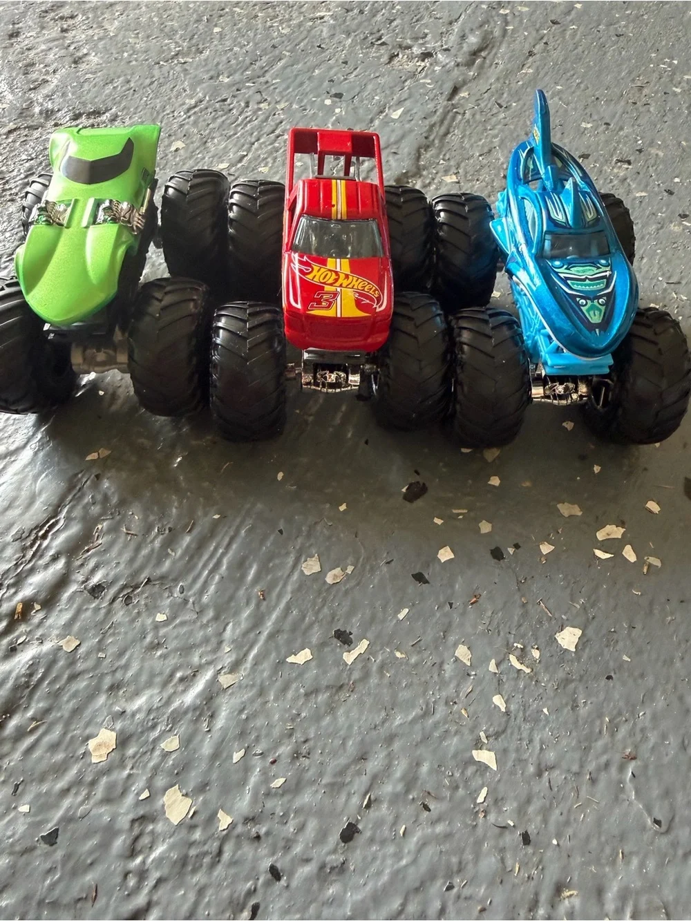 Hot Wheels Monster Trucks collection green Race Ace, Demo Derby and shark wreck